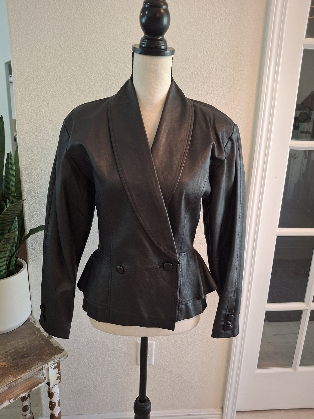 Vintage Women's Black Leather Peplum Double-Button Jacket